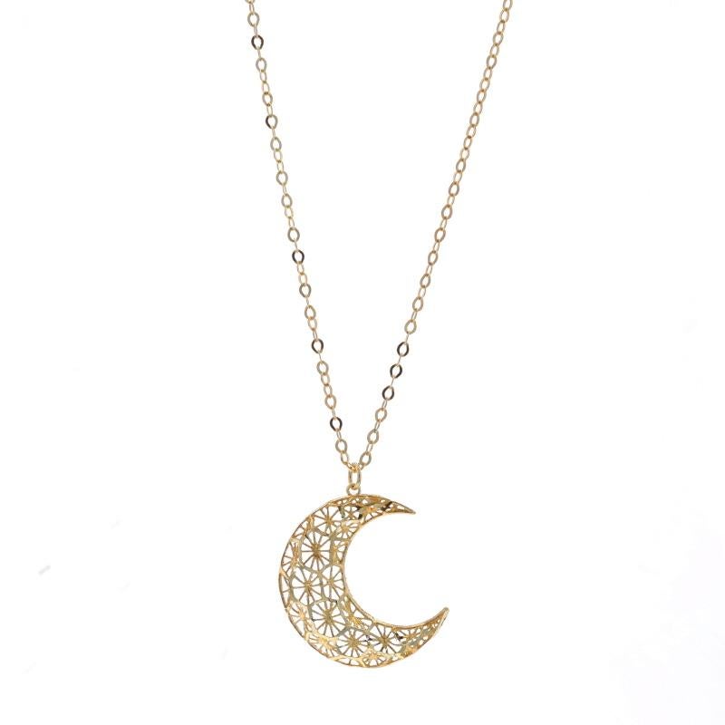Metal Content: 14k Yellow Gold

Chain Style: Flat Cable
Necklace Style: Chain
Fastening Type: Spring Ring Clasp
Theme: Crescent Moon, Floral Starbursts, Celestial
Features: Etched Open Cut Design

Measurements

Item 1: Pendant
Tall (from stationary