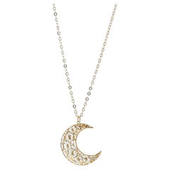 Yellow Gold Crescent Moon Necklace 18 1/4" - 14k Celestial Floral Starbursts