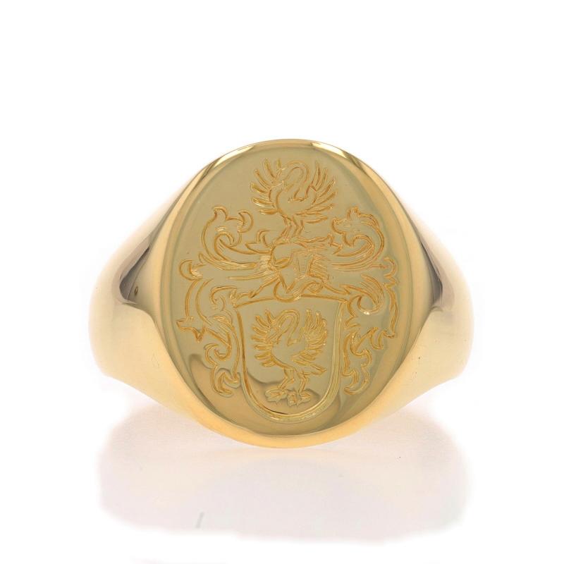 Size: 8 3/4
Sizing Fee: Up 3 sizes for $100 or Down 2 sizes for $50

Metal Content: 18k Yellow Gold

Style: Signet
Theme: Crest, Coat of Arms

Measurements

Face Height (north to south): 11/16