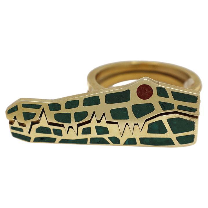 Yellow Gold Crocodile Ring with Malachite Inlay by KRSN Studio For Sale