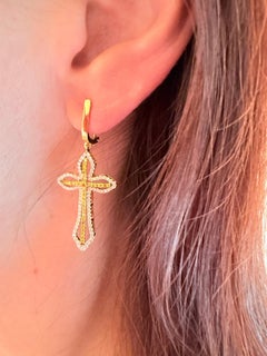 Yellow Gold Cross Earrings with Natural White and Yellow Diamonds