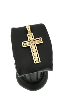 Yellow Gold Cross Flower and Leaves Carving