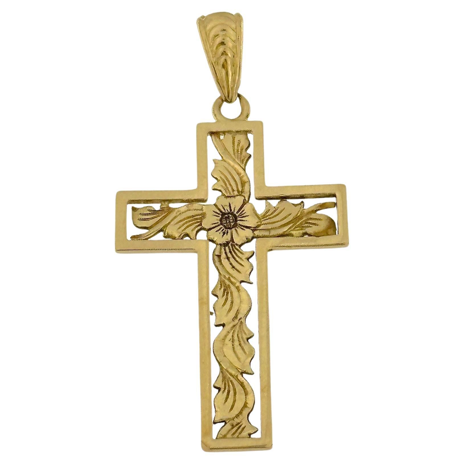 Yellow Gold Cross Flower and Leaves Carving