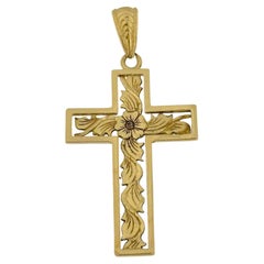Vintage Yellow Gold Cross Flower and Leaves Carving