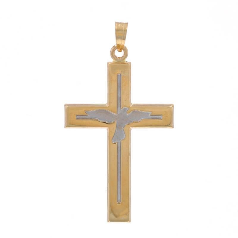 Metal Content: 14k Yellow Gold & 14k White Gold

Theme: Cross, Dove, Peace

Measurements

Tall (from stationary bail): 33mm
Wide: 13/16