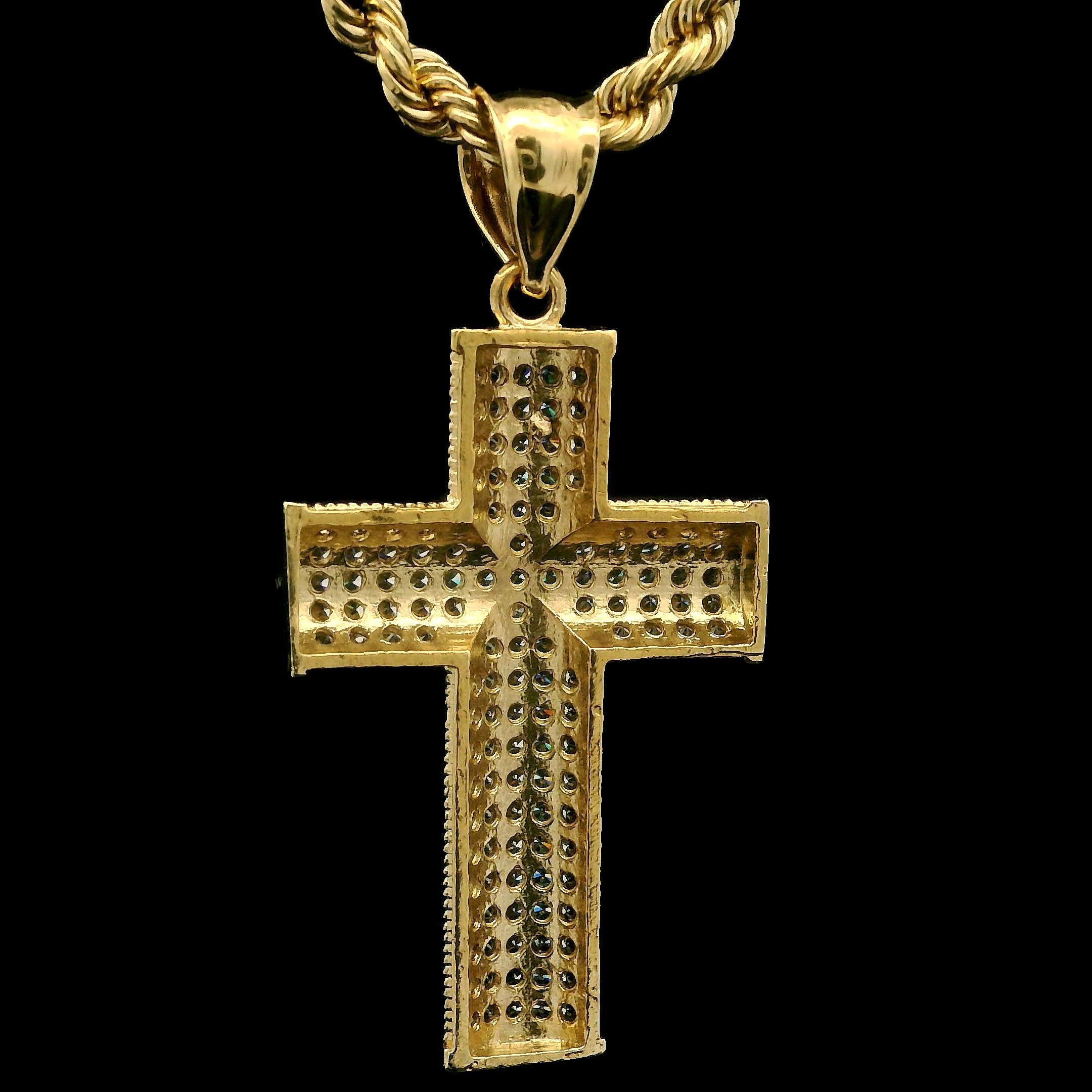 Pendentif Croix en or jaune sur longue chaîne en corde de 2,9 mm Unisexe en vente