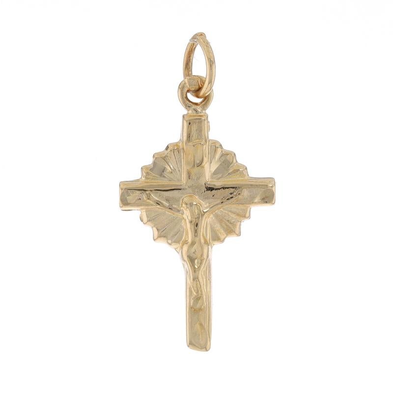 Metal Content: 14k Yellow Gold

Theme: Crucifix, Cross, Faith

Measurements

Tall (from stationary bail): 15/16