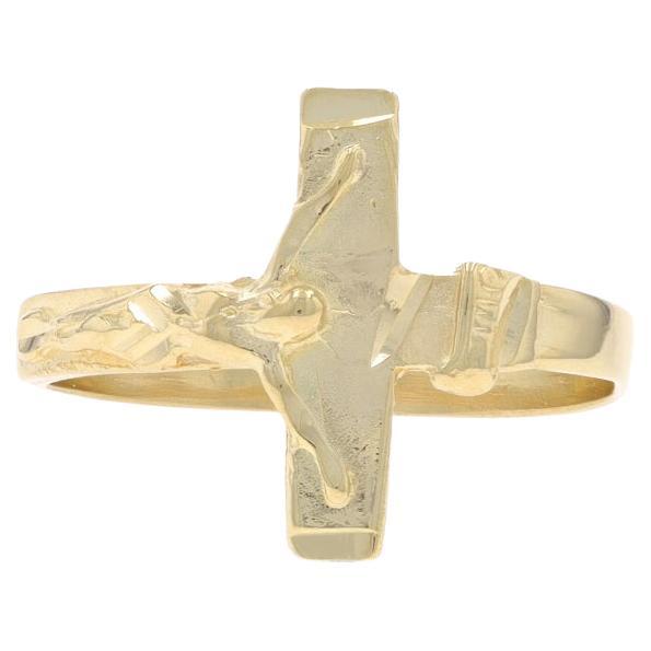 Yellow Gold Crucifix Statement Ring - 14k Cross Faith