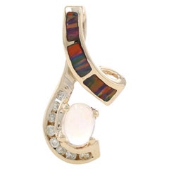 Yellow Gold Crystal Opal, Synthetic Opal, & Diamond Pendant - 14k Oval .70ctw