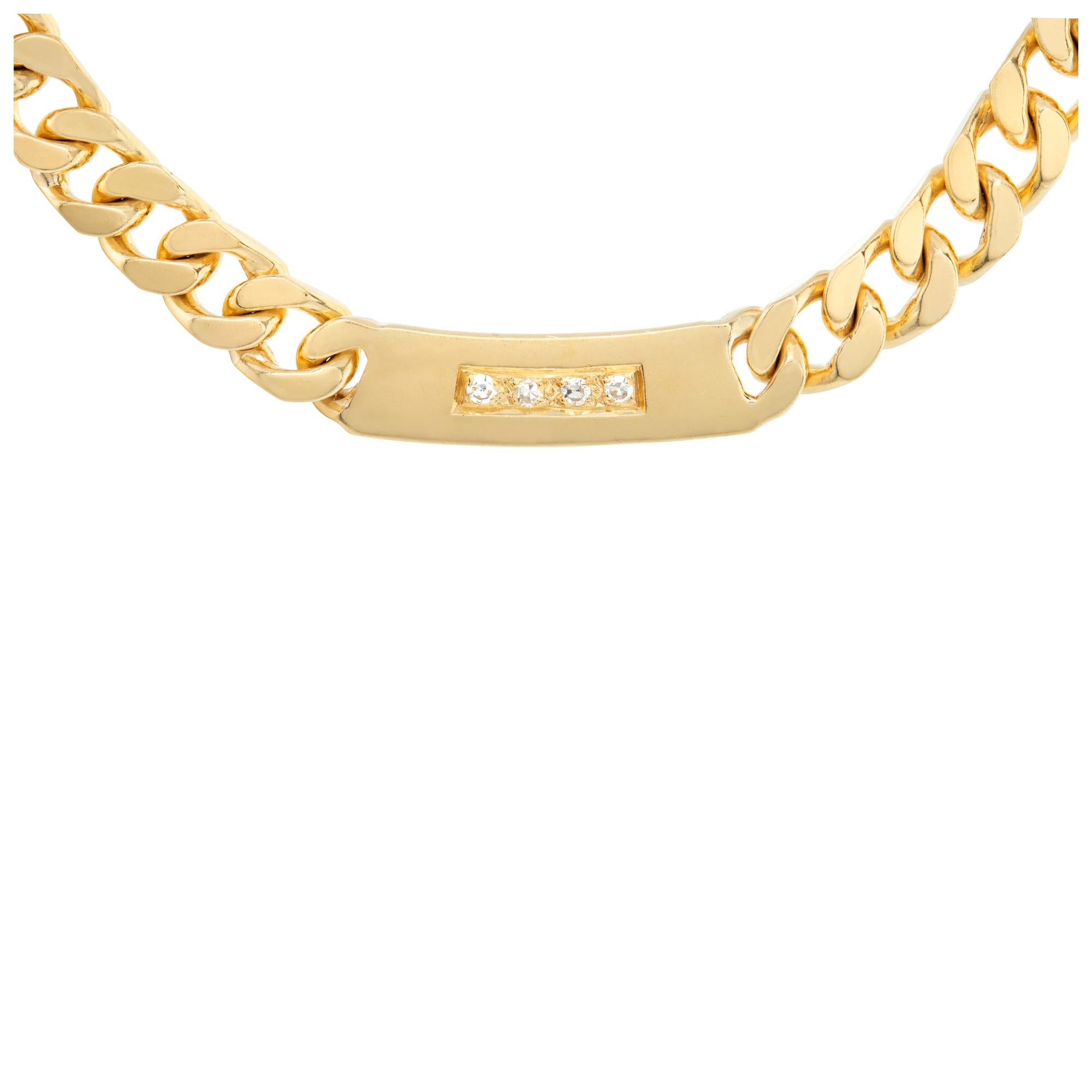 Flat cuban Link choker in 18k gold with flat bar stations and diamond accents. 16