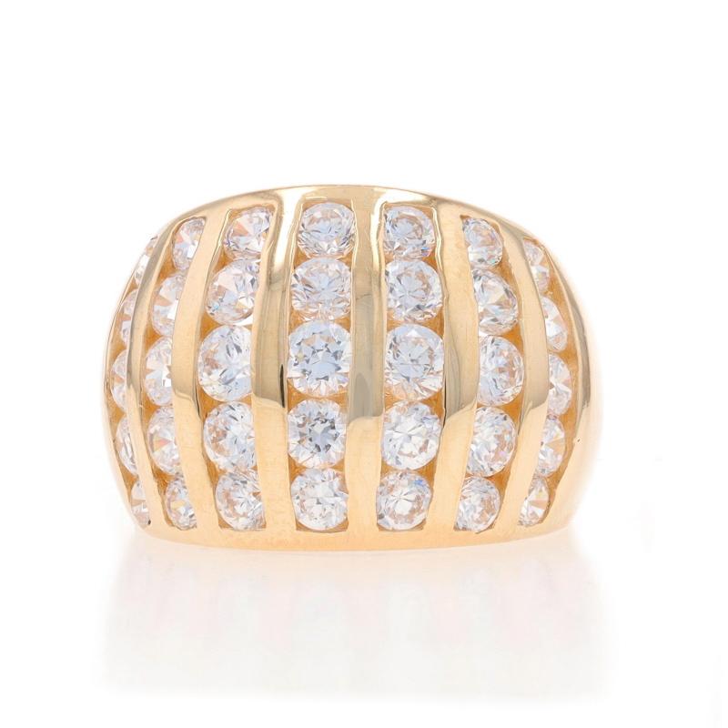 Size: 4 3/4
Sizing Fee: Up 1/2 a size for $40 or Down 1/2 a size for $40

Metal Content: 14k Yellow Gold

Stone Information

Cubic Zirconias
Carat(s): 2.50ctw dew
Cut: Round Brilliant
Color: Clear

Total Carats: 2.50ctw

Style: Cluster Cocktail Dome