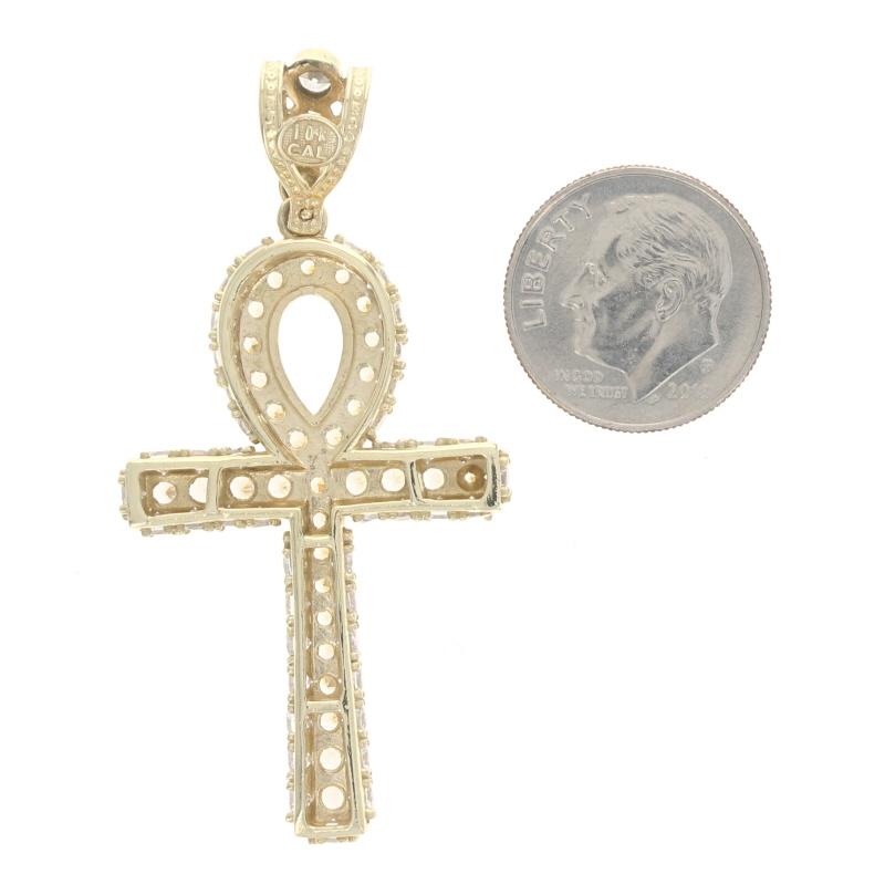 Yellow Gold Cubic Zirconia Egyptian Ankh Pendant 10k Life Faith Hieroglyph Bling In Excellent Condition For Sale In Greensboro, NC
