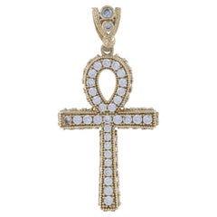 Yellow Gold Cubic Zirconia Egyptian Ankh Pendant 10k Life Faith Hieroglyph Bling