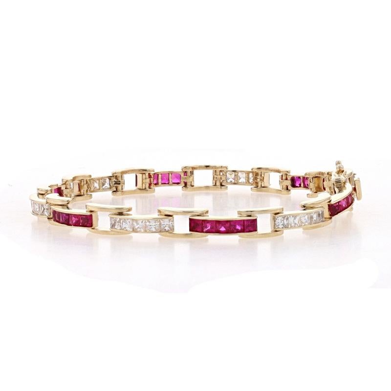 Square Cut Yellow Gold Cubic Zirconia & Lab-Created Ruby Link Bracelet 7 1/4