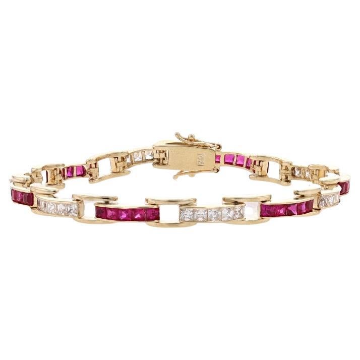 Yellow Gold Cubic Zirconia & Lab-Created Ruby Link Bracelet 7 1/4" 14k Sq7.50ctw For Sale