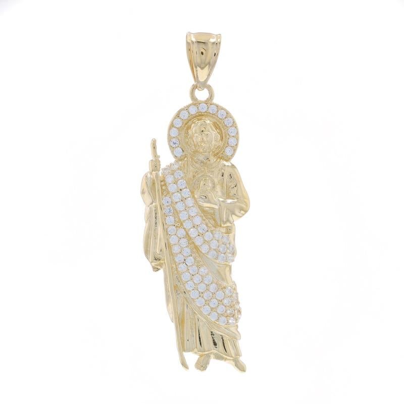 Metal Content: 14k Yellow Gold

Stone Information

Cubic Zirconias
Carat(s): 1ctw
Cut: Round Brilliant

Total Carats: 1.00ctw dew

Theme: Saint Jude, Faith

Measurements

Tall (from stationary bails): 1 25/32