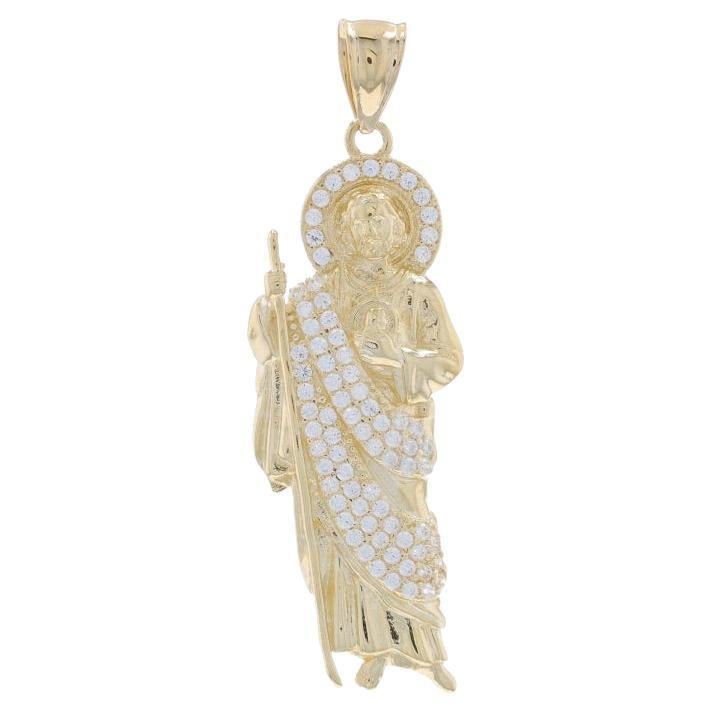 Yellow Gold Cubic Zirconia Saint Jude Men's Pendant - 14k Rd 1.00ctw Faith Bling