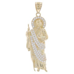 Yellow Gold Cubic Zirconia Saint Jude Men's Pendant - 14k Rd 1.00ctw Faith Bling