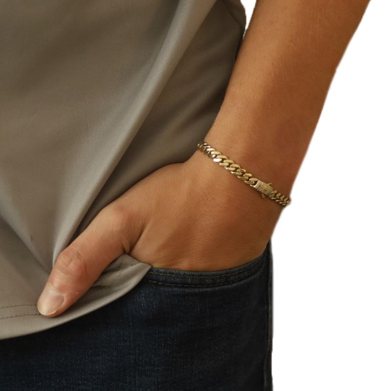 Yellow Gold Cubic Zirconias Curb Chain Men's Bracelet 7