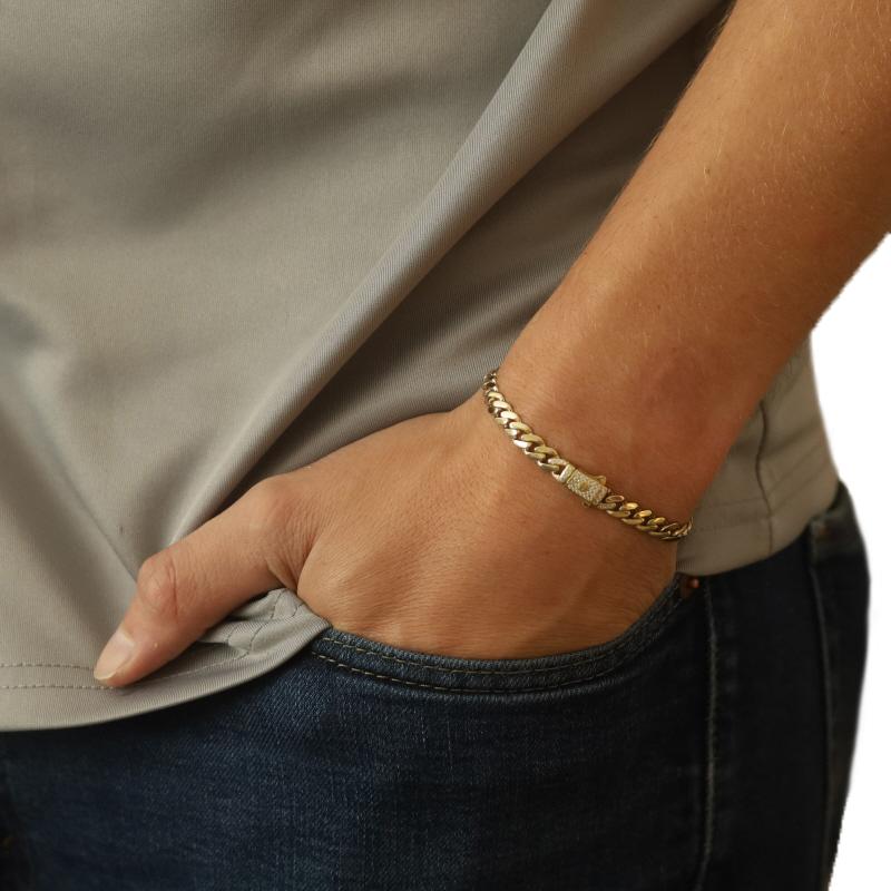 Yellow Gold Cubic Zirconias Curb Chain Men's Bracelet 7