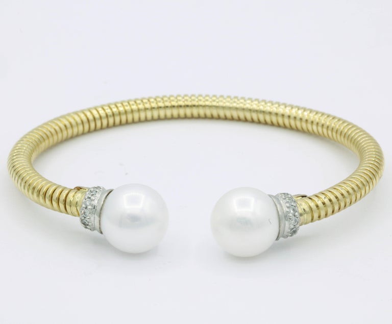 Yellow Gold Cuff Bangle Bracelet with Freshwater Cultured Pearls and ...