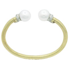 Yellow Gold Cuff Bangle Bracelet with Freshwater Cultured Pearls and Diamonds