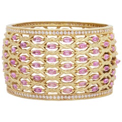Yellow Gold Cuff Bangle Bracelet with White Diamonds 
Pink Sapphires Stambolian