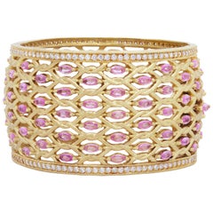 Yellow Gold Cuff Bangle Bracelet with White Diamonds & Pink Sapphires Stambolian