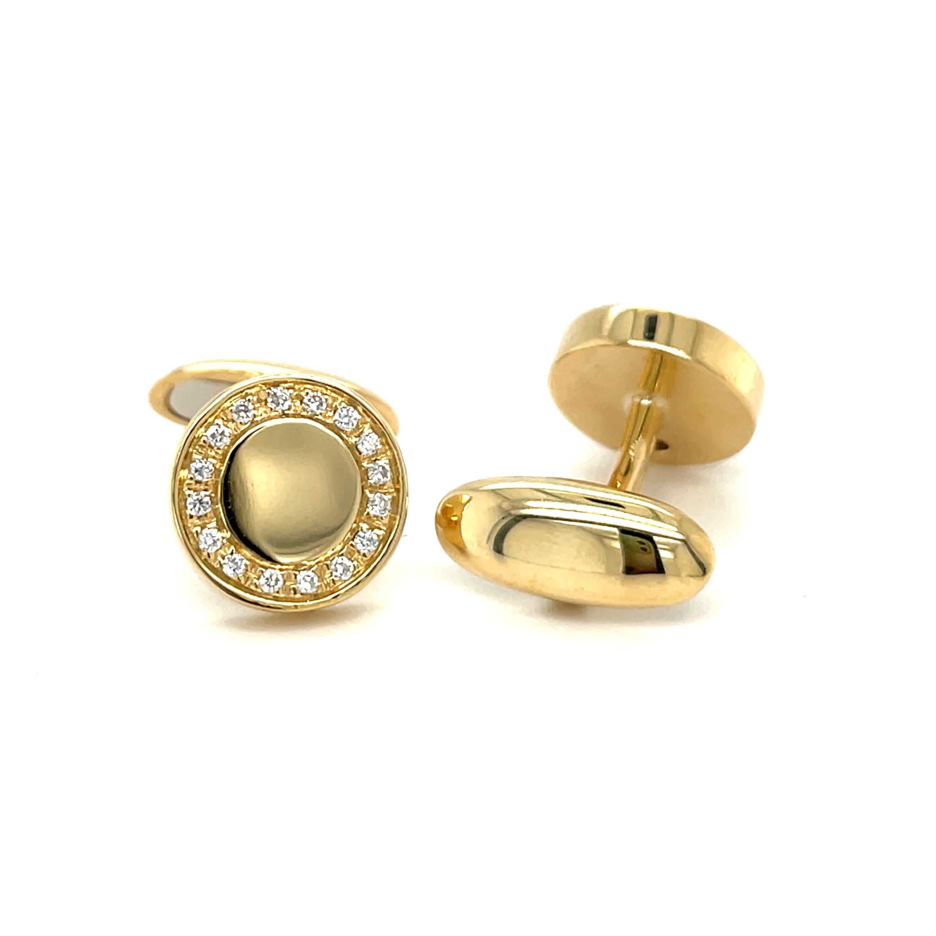 These yelllow gold cufflinks are from Men's Collection. These cufflinks are decorated with diamonds G color VS2 clarity. The total amount of diamonds is 0.28 Carat. The dimensions of the cufflinks are 1.2cm. These cufflinks are a perfect upgrade to