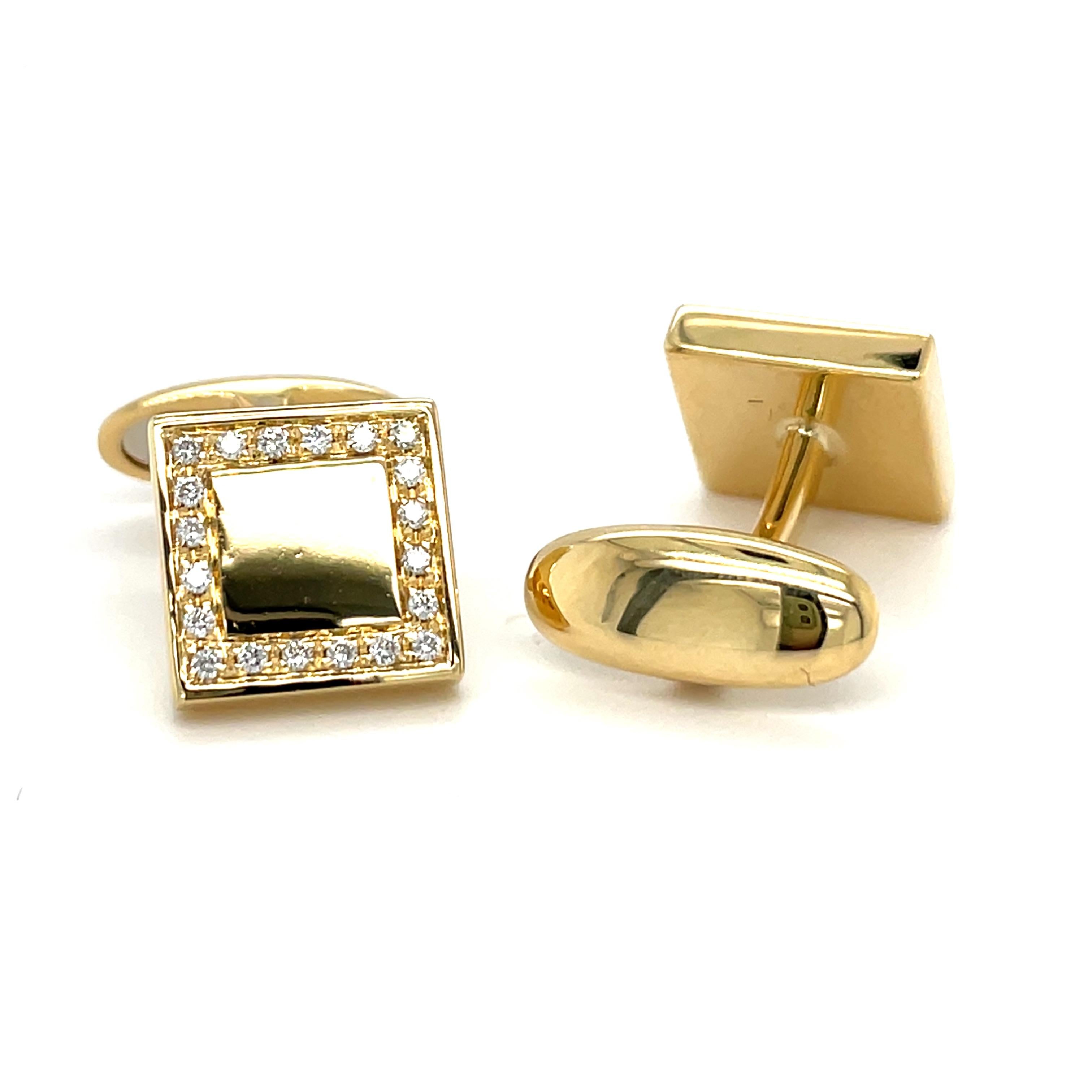 These yelllow gold cufflinks are from Men's Collection. These cufflinks are decorated with diamonds G color VS2 clarity. The total amount of diamonds is 0.34 Carat. The dimensions of the cufflinks are 1.1cm x 1.1cm. These cufflinks are a perfect