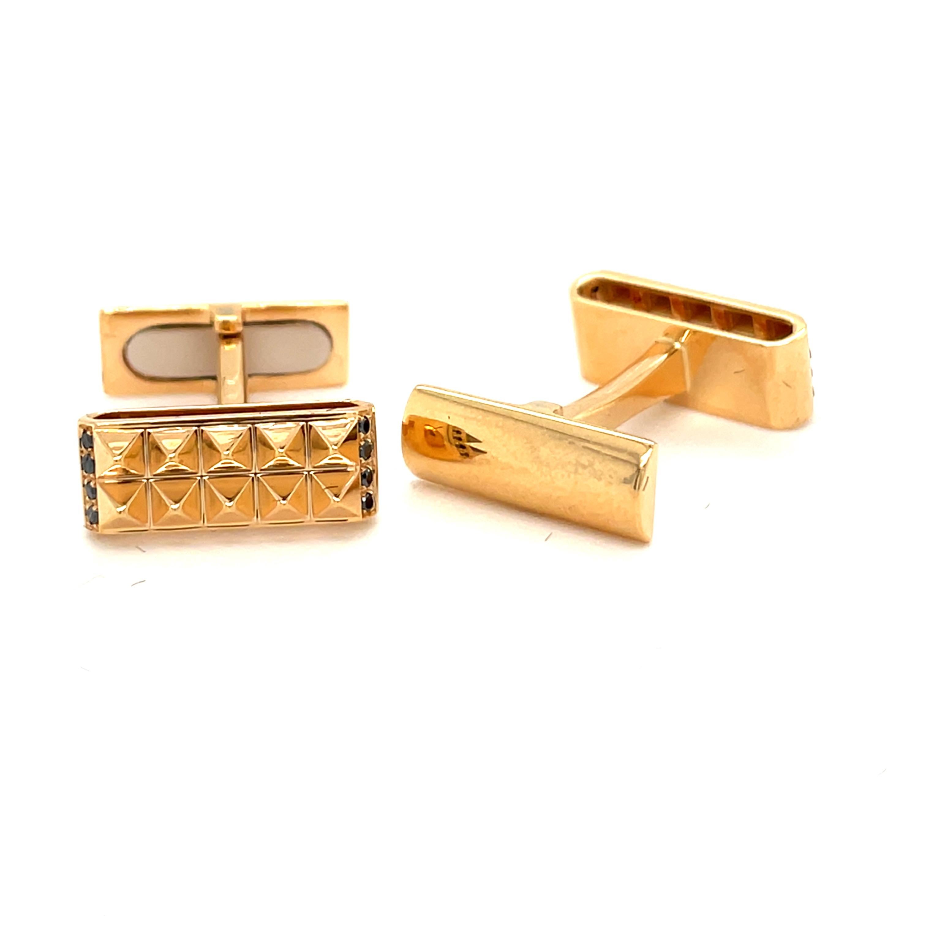 These 18K yellow gold cufflinks are from timeless Collection. These very elegant cufflinks are made with yellow gold and black diamonds in total of 0.09 Carat. Total metal weight is 10.00 gr. These cufflinks are a perfect upgrade to every