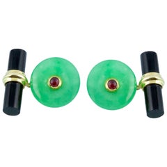 Yellow Gold Cufflinks in Jade and Rubies with Cylindrical Onyx Toggle