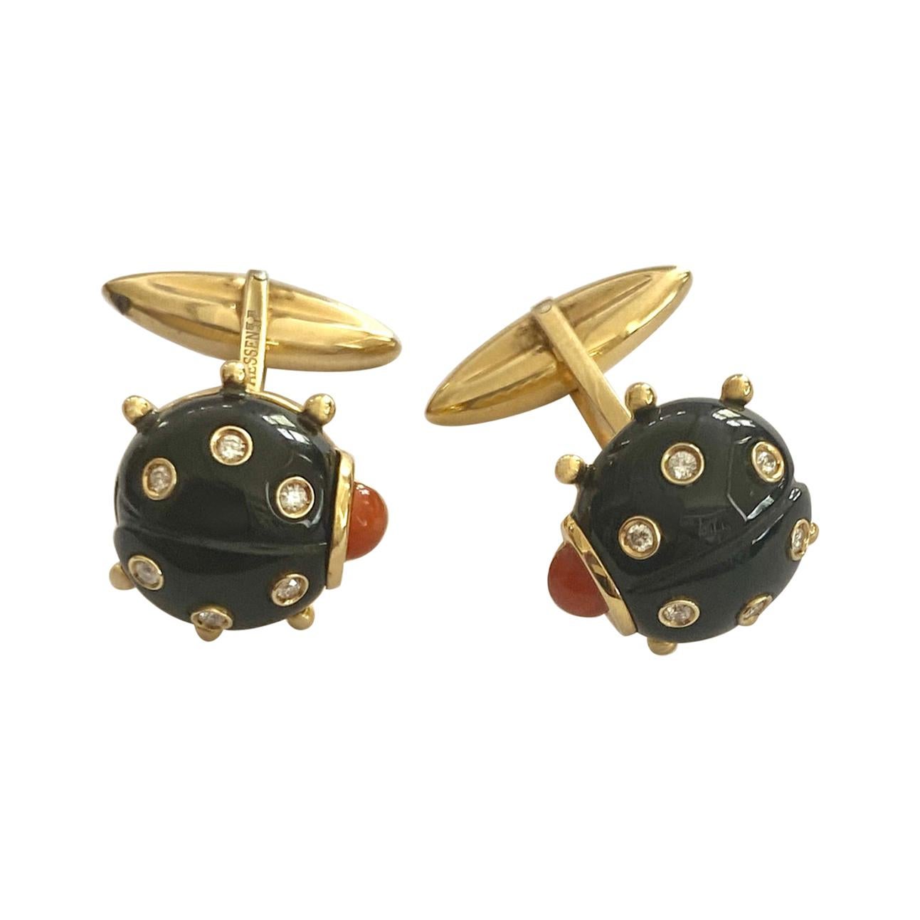 Yellow Gold Cufflinks, Ladybird with Black Enamel, Diamonds en Coral, Lofredo For Sale