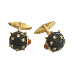 Yellow Gold Cufflinks, Ladybird with Black Enamel, Diamonds en Coral, Lofredo