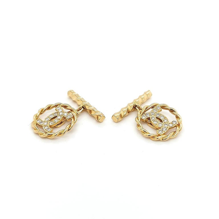 Yellow Gold Cufflinks with CC Monogram, Knot Design, with 0.72 Carat Diamonds For Sale at 1stDibs