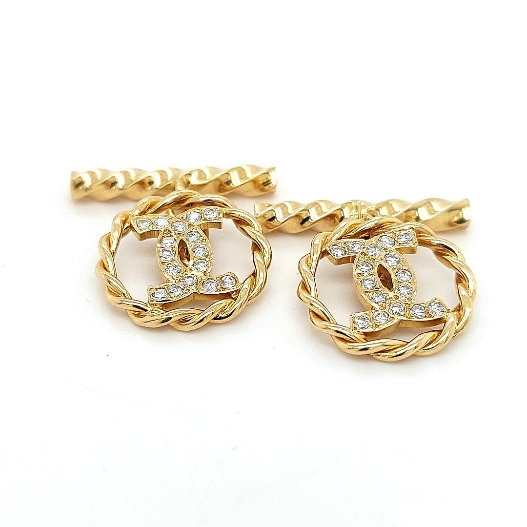 Artist 18kt Yellow Gold Cufflinks with CC Monogram, Knot Design, with 0.72ct Diamonds For Sale