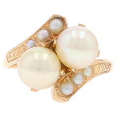 Yellow Gold Cultured Akoya Pearl Art Deco Bypass Ring - 14k Two-Stone Vintage