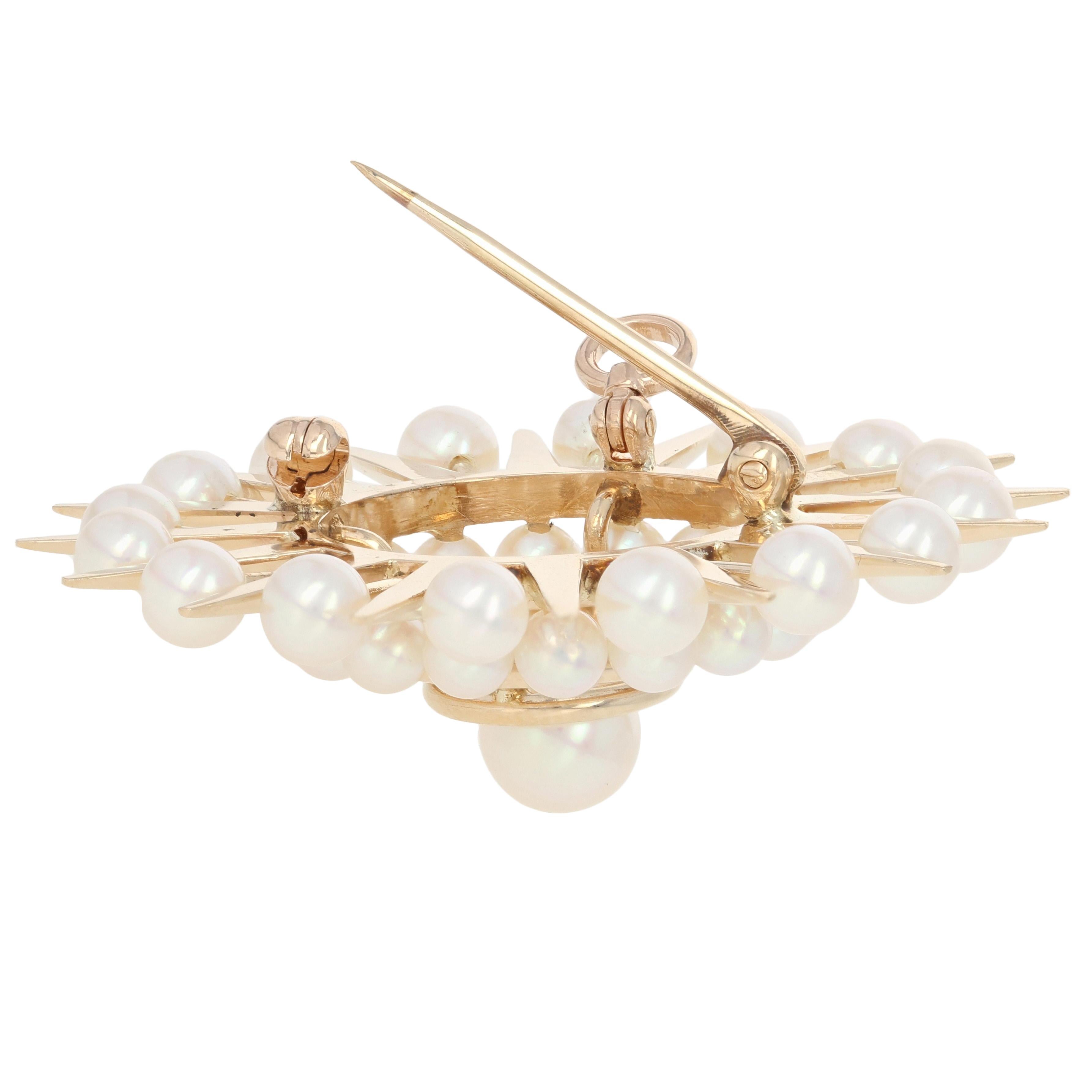 Round Cut Yellow Gold Cultured Akoya Pearl Vintage Brooch/Pendant, 14k Convertible Pin