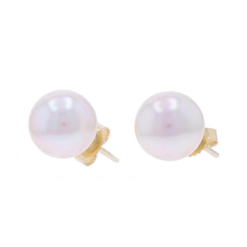 Women's Yellow Gold Cultured Akoya Pearls Round Stud Earrings 14k Solitaire Pierced For Sale