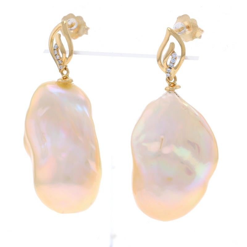 Round Cut Yellow Gold Cultured Baroque Pearl Diamond Dangle Earrings - 18k Pierced For Sale