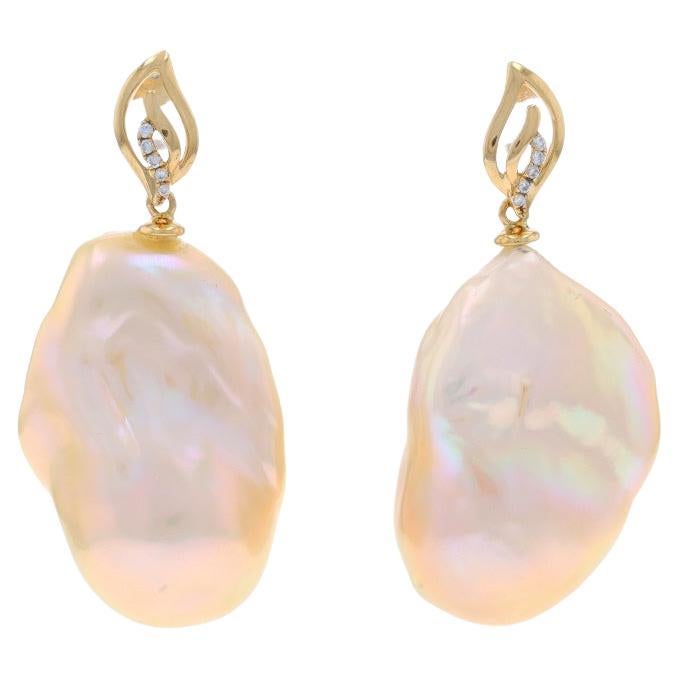 Yellow Gold Cultured Baroque Pearl Diamond Dangle Earrings - 18k Pierced For Sale