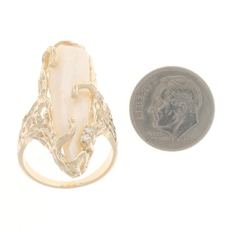Women's or Men's Yellow Gold Cultured Biwa Pearl & Diamond Ring - 14k For Sale