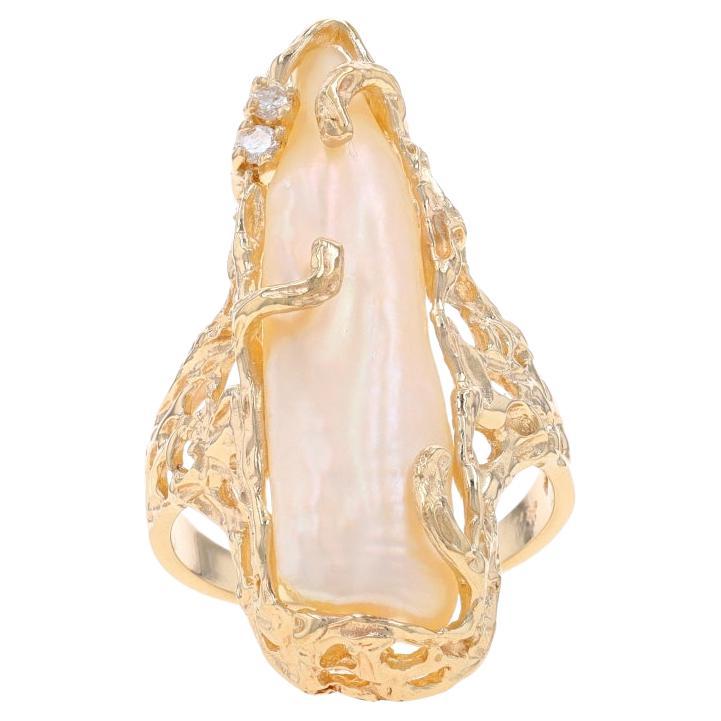 Yellow Gold Cultured Biwa Pearl & Diamond Ring - 14k For Sale