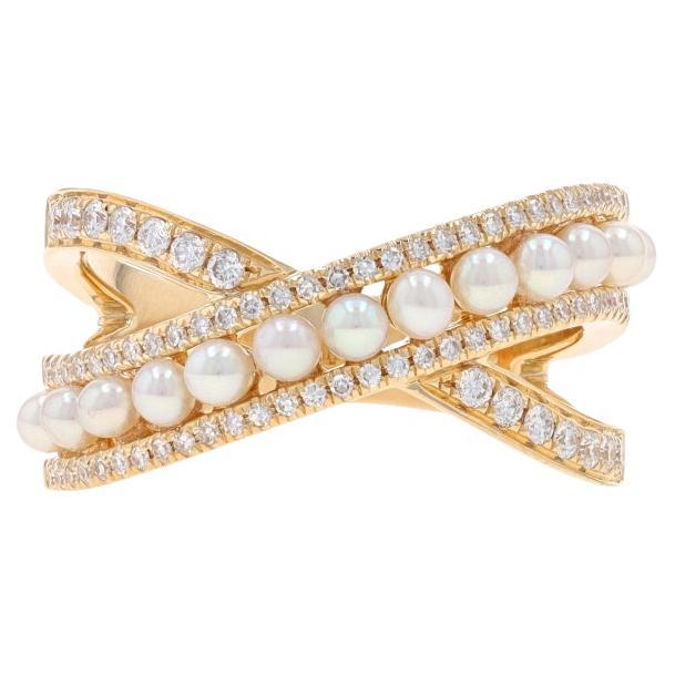 Yellow Gold Cultured Freshwater Pearl & Diamond Crossover Band - 14k .31ctw Ring For Sale