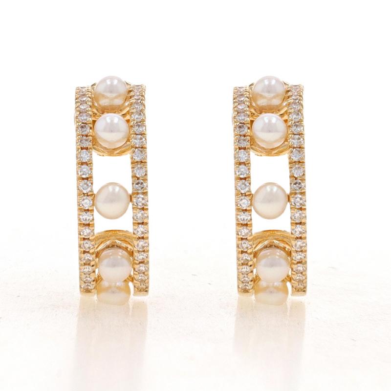 Single Cut Yellow Gold Cultured Freshwater Pearl Diamond Half-Hoop Earrings - 14k .17ctw