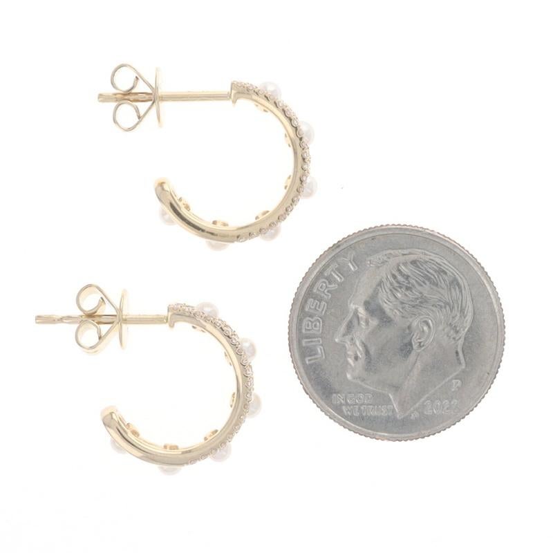 Women's Yellow Gold Cultured Freshwater Pearl Diamond Half-Hoop Earrings - 14k .17ctw
