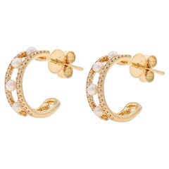 Yellow Gold Cultured Freshwater Pearl Diamond Half-Hoop Earrings - 14k .17ctw