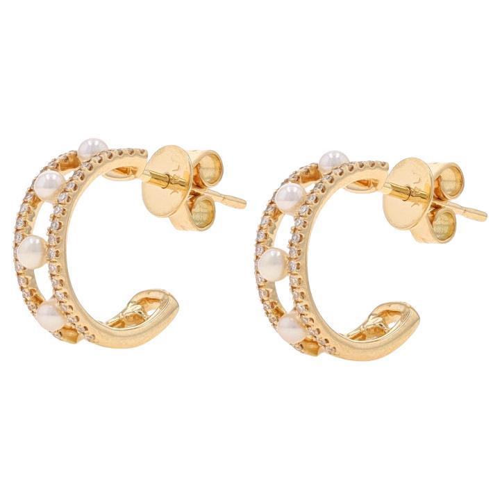 Yellow Gold Cultured Freshwater Pearl & Diamond Half-Hoop Earrings - 14k .17ctw