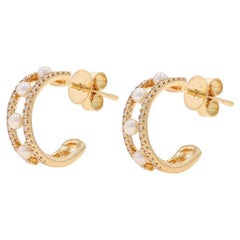 Boucles d'oreilles demi-cercles en or jaune avec perles d'eau douce de culture et diamants - 14k .17ctw