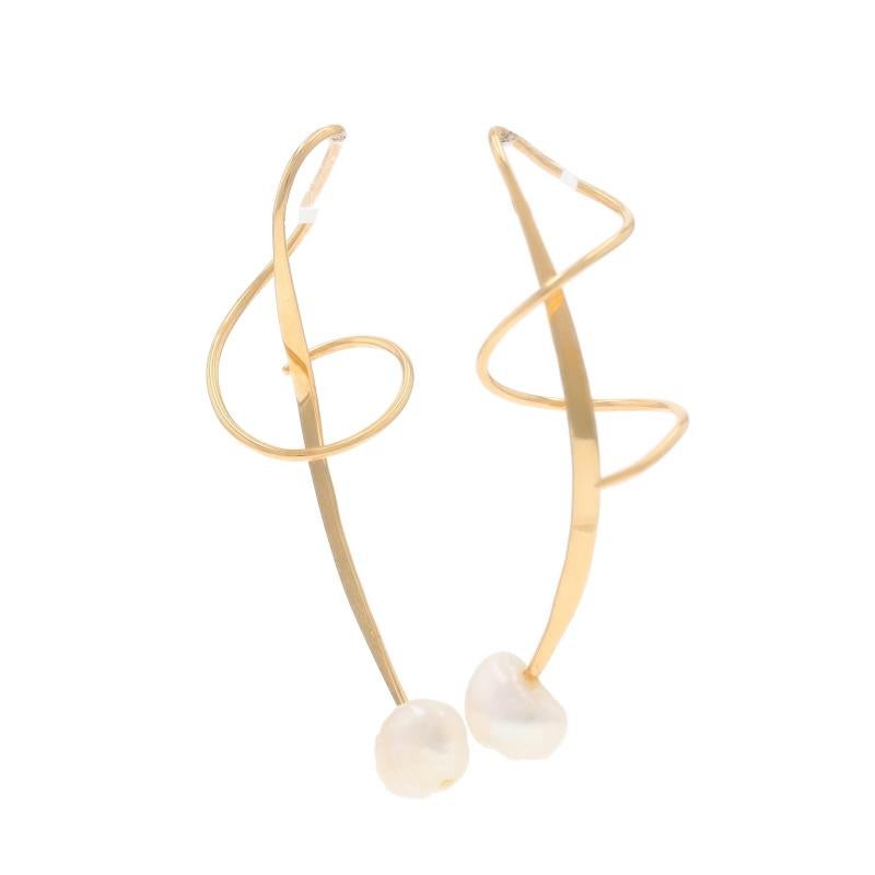 Bead Yellow Gold Cultured Freshwater Pearl Spiral Threader Drop Earrings -14k Pierced For Sale